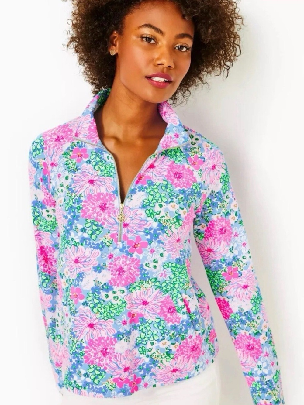 Lilly Pulitzer Pink, Blue & Green Floral Pullover Zip-Front UPF 50 Pockets XL